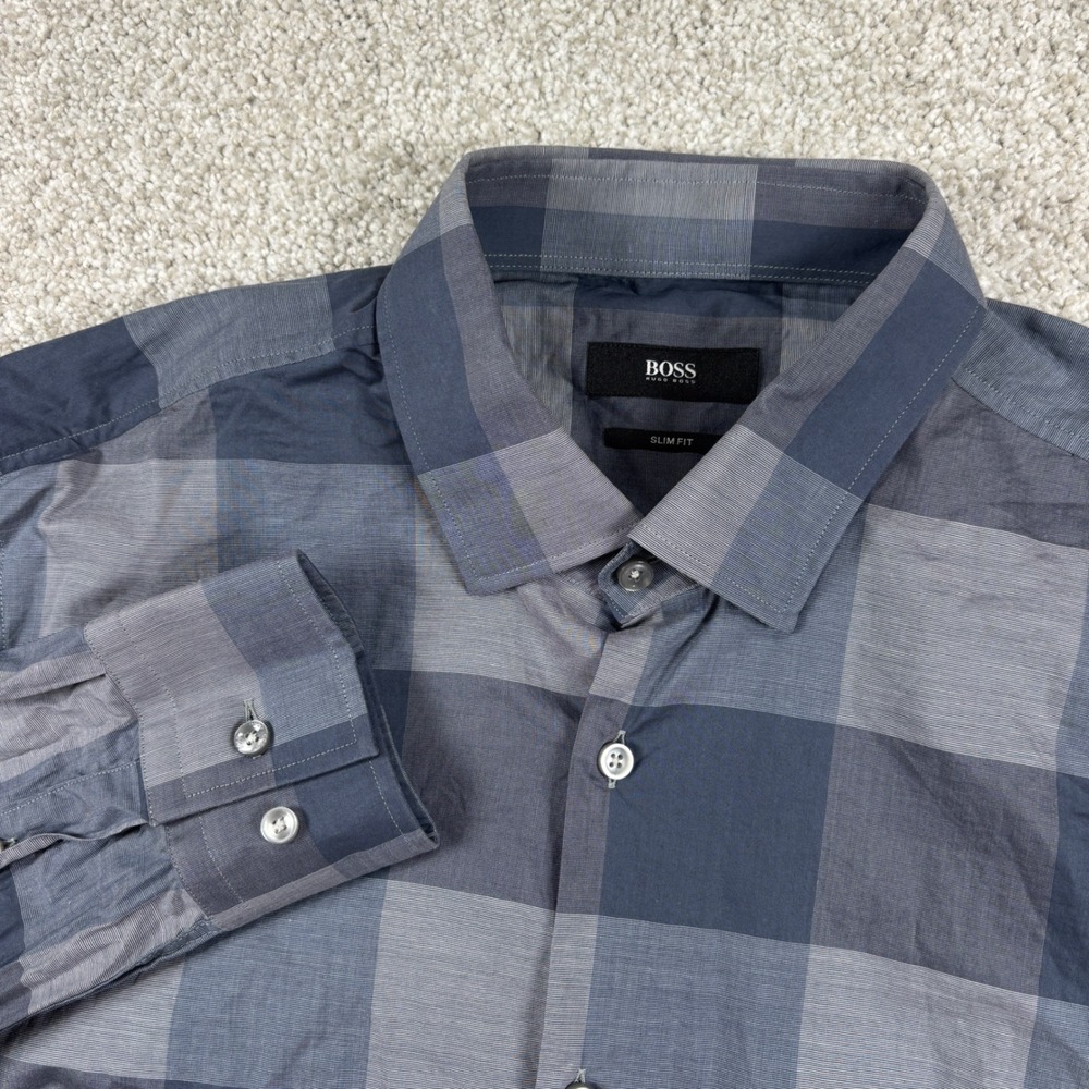 BOSS Hugo Boss Button Front Shirt Mens 15.5 Blue Grey Plaid Slim Fit Tessitura